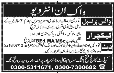 Teaching Staff Required for Cadet College Fateh Jang