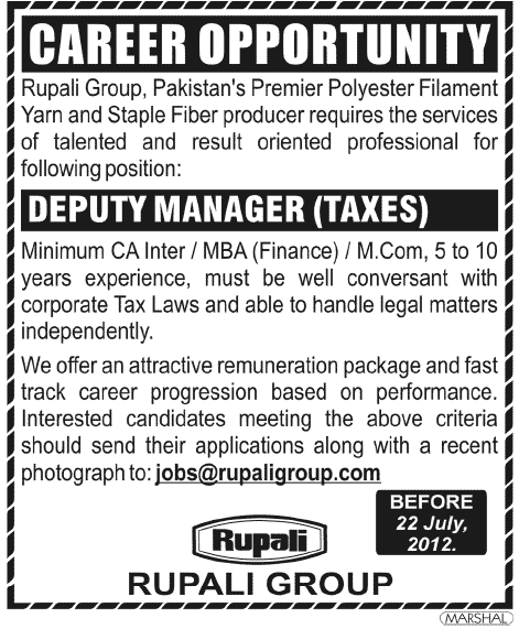 Deputy Manager (Taxes) Required at Rupali Group