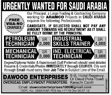 Mechanical and Industrial Staff Required for ARAMCO Projects in Saudi Arabia
