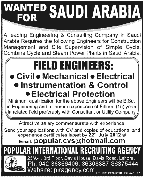 An Engineering & Consulting Company Requires Field Engineers for Saudi Arabia