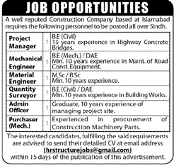 Construction Staff Required for Sindh based Project