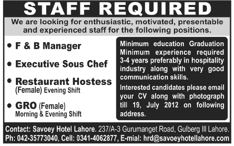 Hotel Management Staff Required