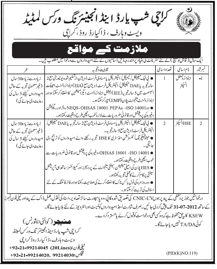 Karachi Shipyard and Engineering Works Limited Requires HSE Inspector and Environmental Inspector (Government Job)