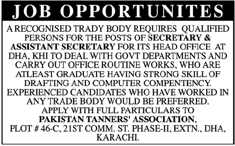 Secretarial Staff Required for a Trade Company