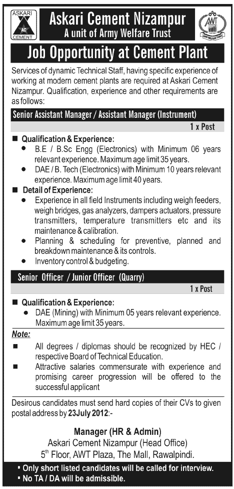 Askari Cement Nizampur (A Unit of Army Welfare Trust) Requires Management Staff