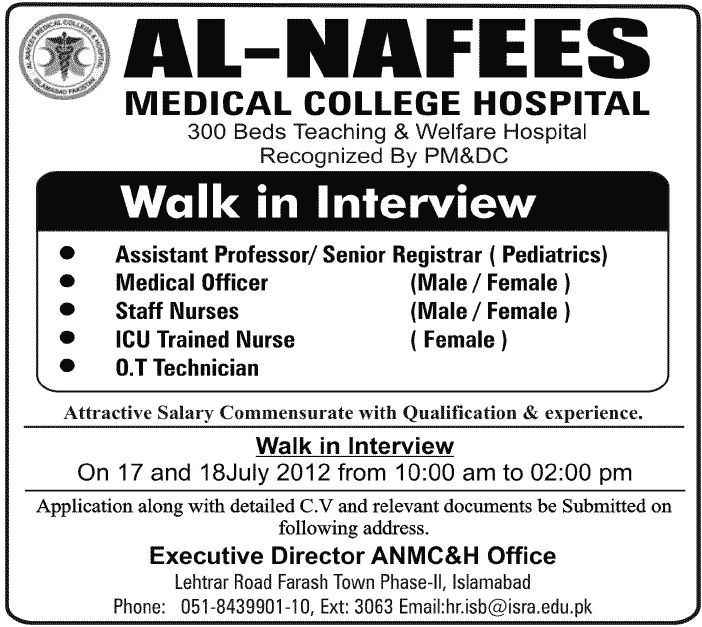 Al-Nafees Medical College Hospital Requires Teaching Staff