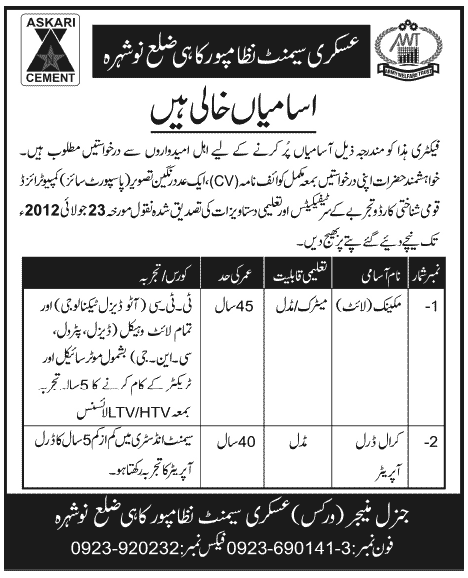 Askari Cement Factory Requires Mechanic and Crawl Drill Operator