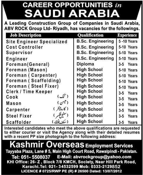 Construction Staff Required for Saudi Arabia