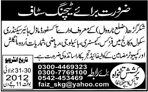 Teaching Staff Required at Oxford Model Higher Secondary School & College