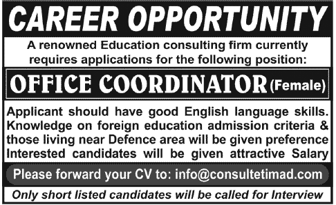 Female Office Coordinator Required at An Education Consulting Firm