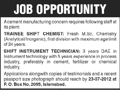 A Cement Manufacturing Concern Company Requires Trainee Chemists and Technician