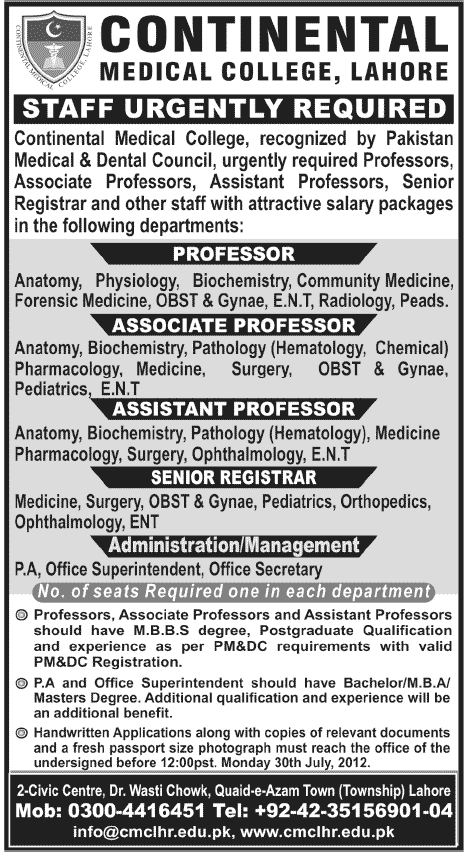 Medical Teaching Faculty Required at Continental Medical College