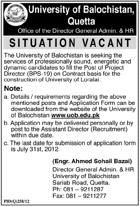 University of Balochistan Requires Project Director (Government Job)