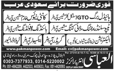 Machine Operators Required for Saudi Arabia