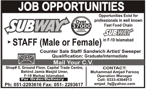 SUBWAY Outlet Islamabad Requires Staff
