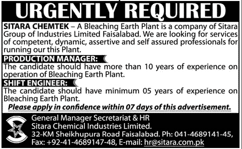 SITARA CHEMTEK Requires Production Manager and Shift Engineer