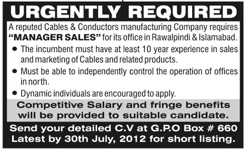 Cables & Conductors Manufacturing Company Requires Manager Sales