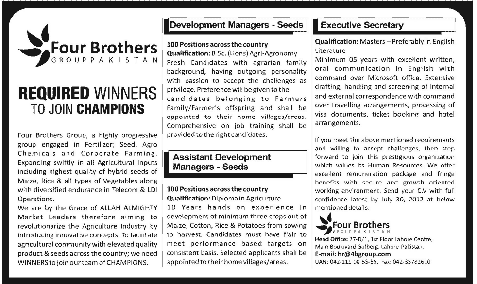 Four Brothers Group Pakistan Requires Management Staff and Executive Secretary