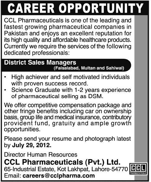 CCL Pharmaceuticals Requires District Sales Managers