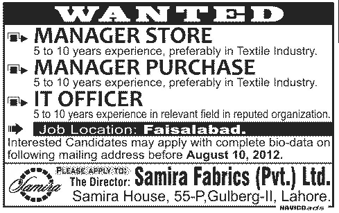 Managers and IT Officer Required at Samira Fabrics (Pvt.) Ltd.