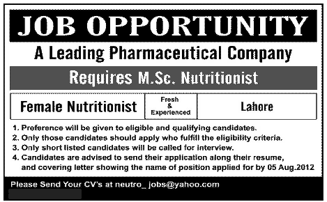 A Pharmaceutical Company Requires Female Nutritionist