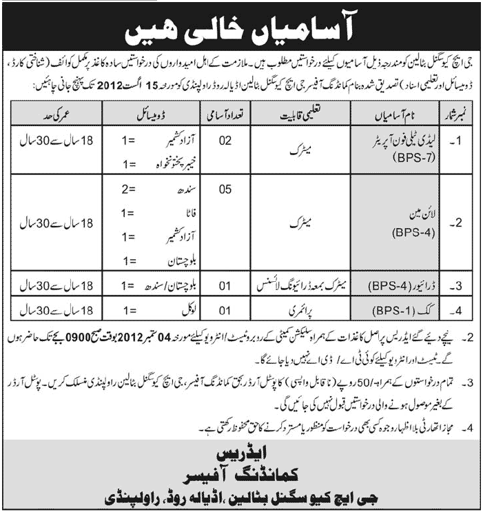 Jobs at GHQ Signal Battalion (Government Job)