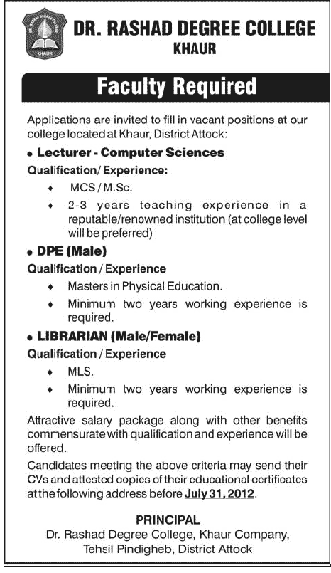 Doctor RASHAD Degree College Khaur Requires Teaching and Non-Teaching Faculty