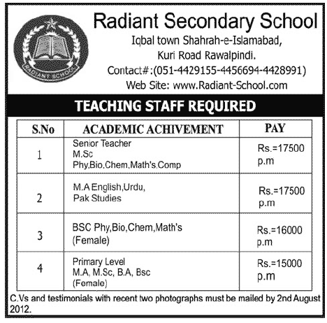 Radiant Secondary School Requries Teaching Faculty