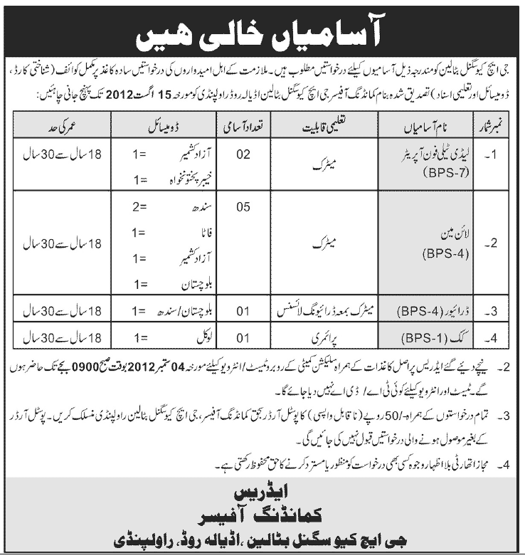 Jobs at GHQ Signal Battalion (Government Job)