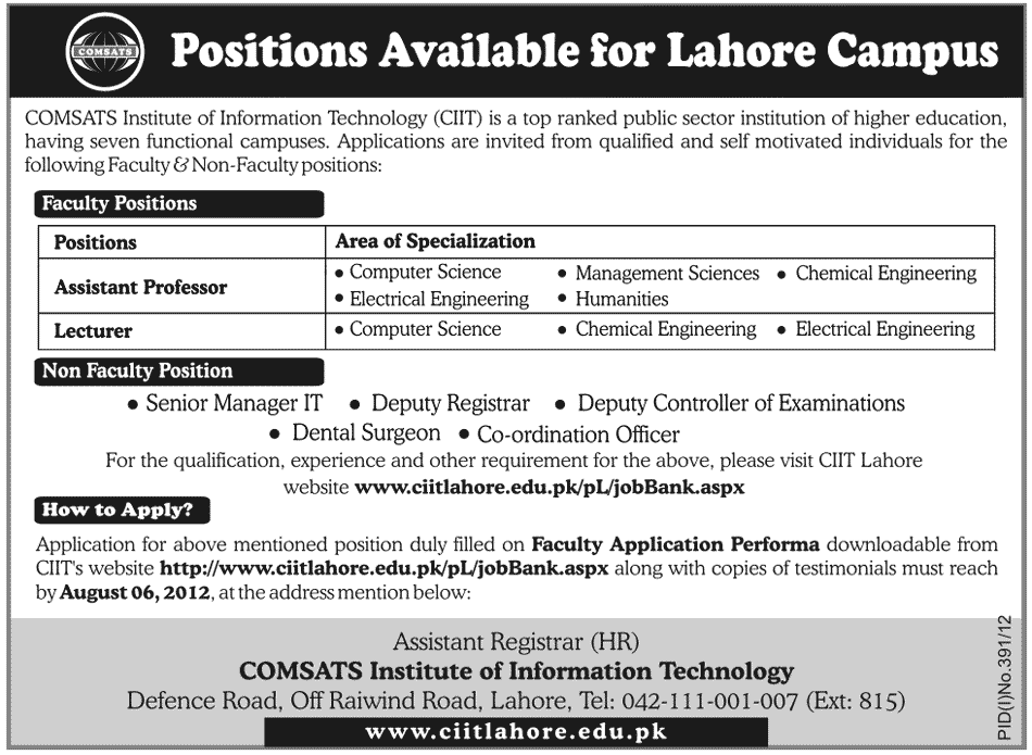 COMSATS Institute of Information Technology (CIIT) Requires Teaching and Non-Teaching Staff