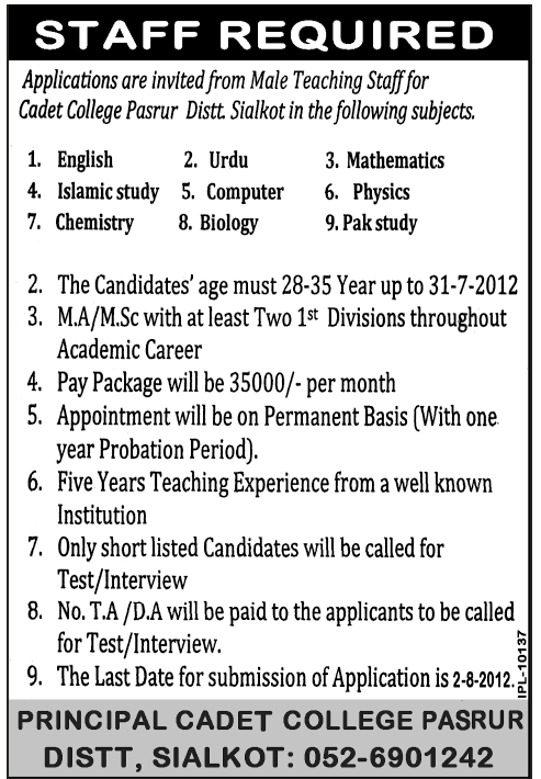 Male Teaching Staff Required for Cadet College Pasrur