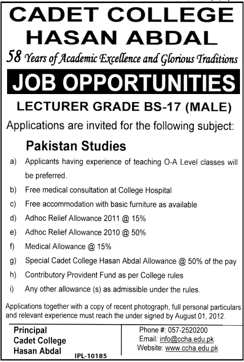 Cadet College Hasan Abdal Requires Lecturer in Pakistan Studies (Government Job)