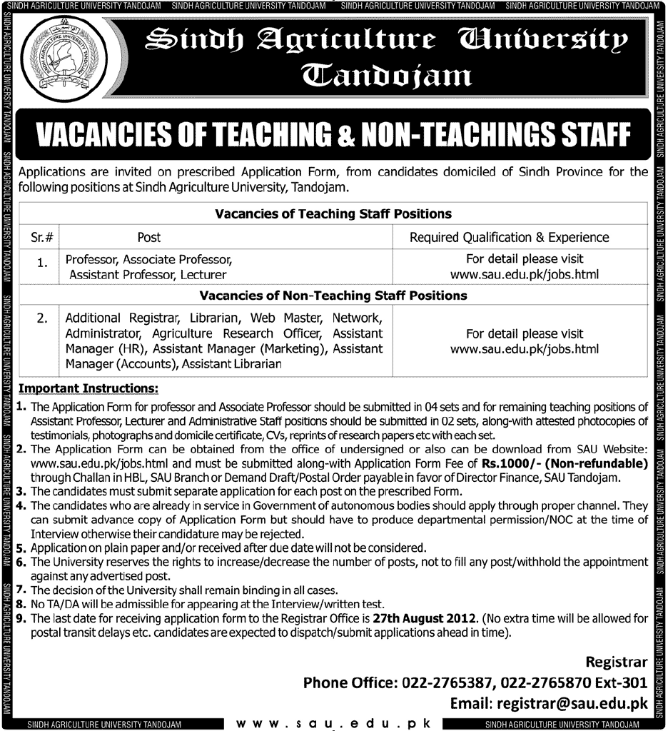 Teaching and Non-Teaching Staff Required at Sindh Agricultural University Tandojam