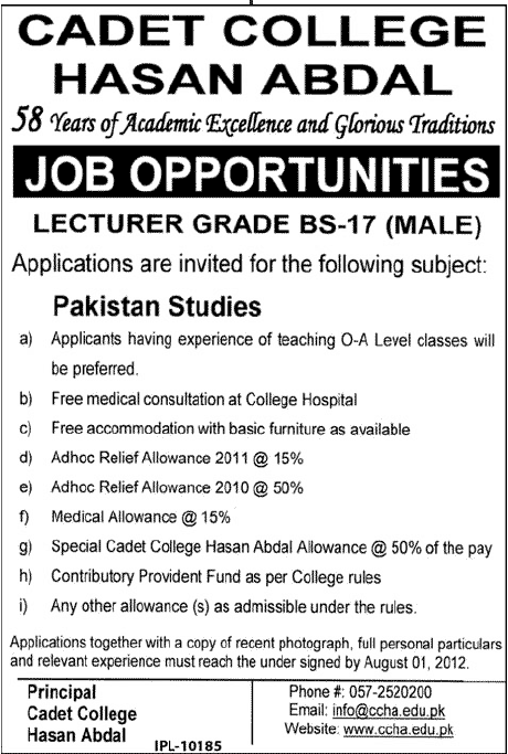 Cadet College Hasan Abdal Requires Lecturer in Pakistan Studies (Government Job)