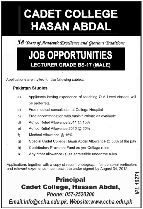 Cadet College Hasan Abdal Requires Lecturer in Pakistan Studies (Government Job)