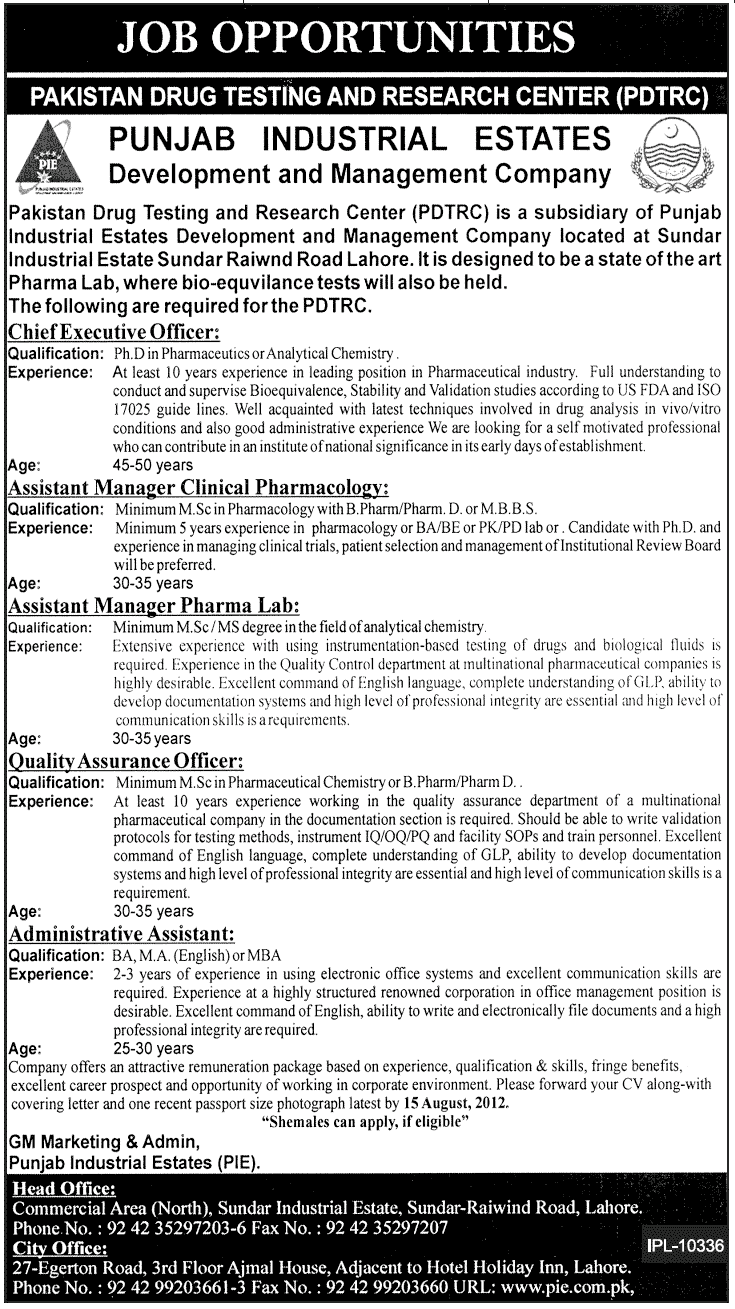 Pakistan Drug Testing and Research Centre (PDTRC) Requires Management Staff Under Government of Punjab (Government Job)