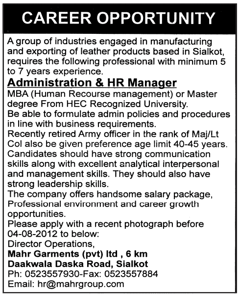 Administration & HR Manager Required for a Manufacturing and Exporting Company