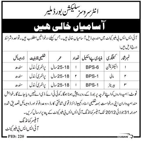 Electrician and Mali Jobs at ISSB Malir Cantt. (Government Job) (Army Job)