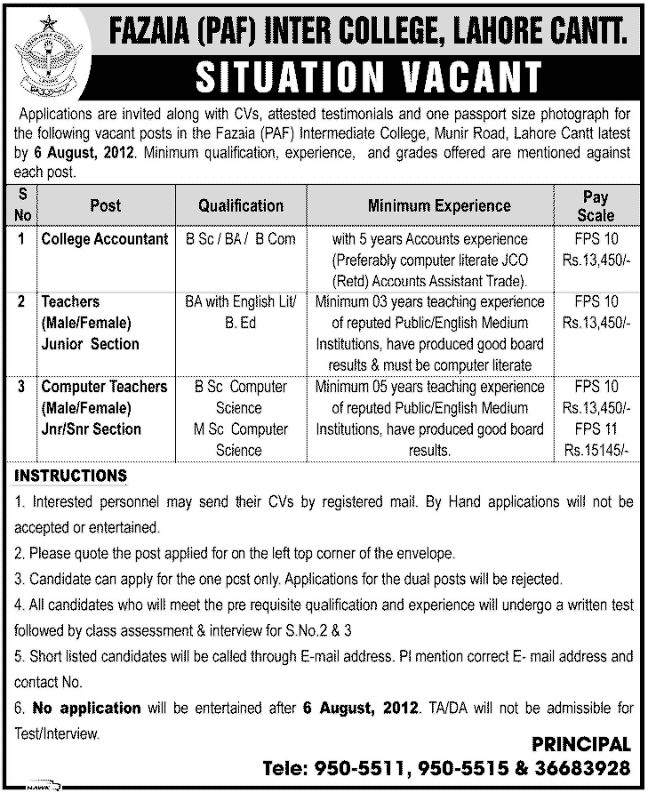 FAZAIA Inter Collge Lahore Cantt. Requires Teaching and Non-Teaching Staff