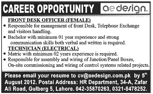 Front Desk Officer and Technician Required