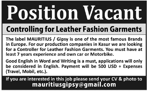 Controller of Leather Fashion Garments Required