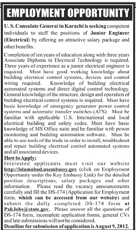 Junior Engineer Electrical Required at U.S. Consulate