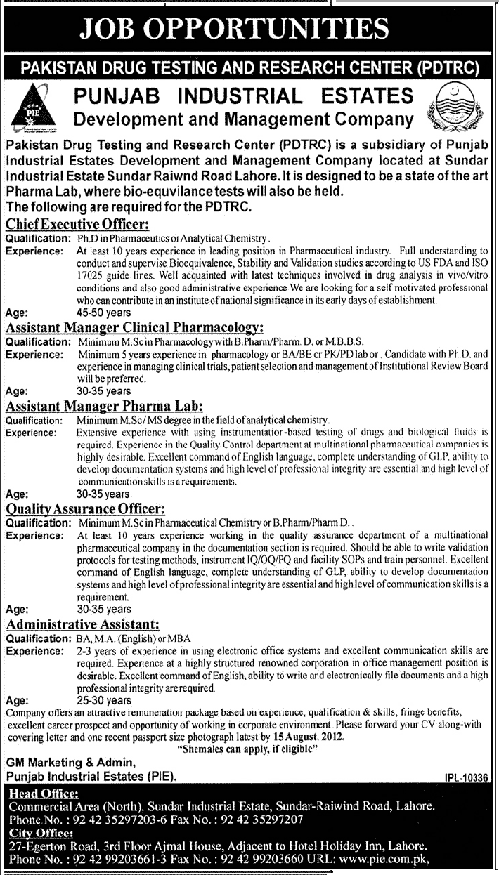 Pakistan Drug Testing and Research Centre (PDTRC) Requires Management Staff Under Government of Punjab (Government Job)