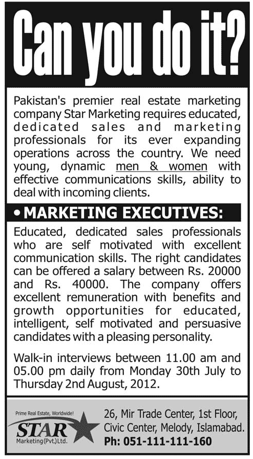 Marketing Executives Required by Real State Marketing Company (Star Marketing)