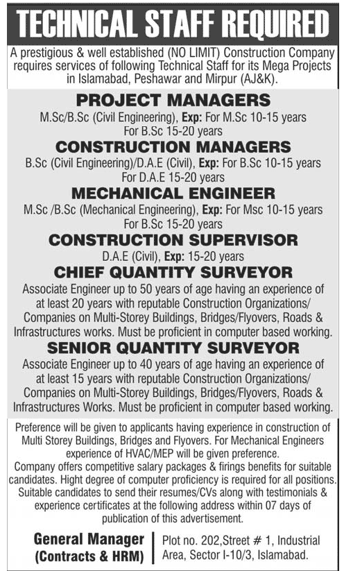 Technical Staff and Construction Management Staff Required
