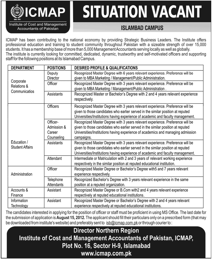 Accounts and Administration Jobs at ICMAP