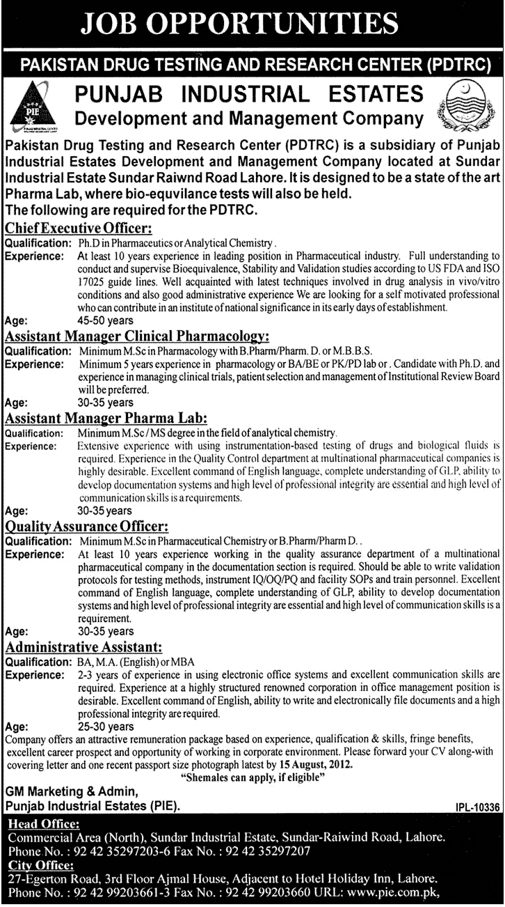 Pakistan Drug Testing and Research Centre (PDTRC) Requires Management Staff Under Government of Punjab (Government Job)