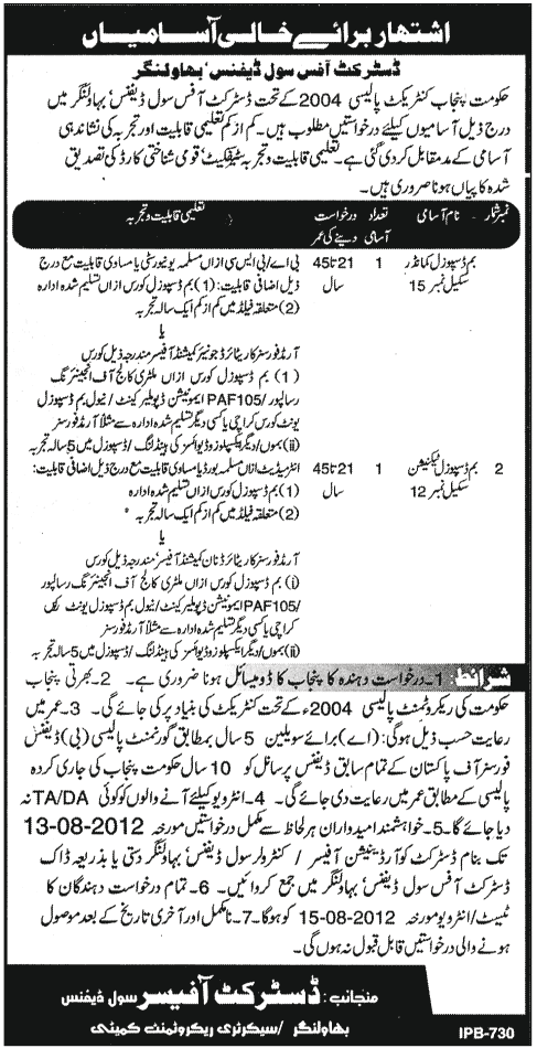 Bomb Disposal Squad Required Under District Office Civil Defense Bahawalnagar (Government Job)