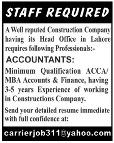Accountant Required by a Construction Company at its Head Office