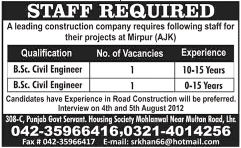 Civil Engineers Required for a Construction Company